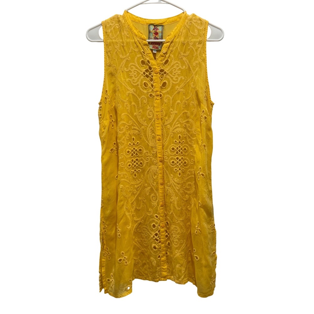 Johnny Was Embroidered Eyelet Floral Tunic Dress Yellow Cover Up‎ Resortwear XS
